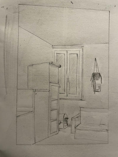 Drawing of a corner of my living room: attempt 1