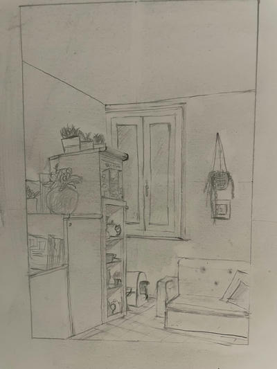 Drawing of a corner of my living room: attempt 1